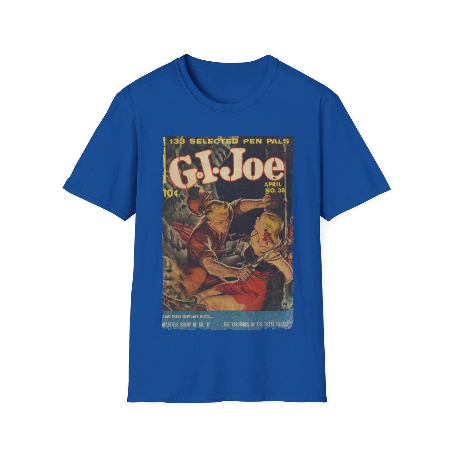 Close-up of the G.I. Joe No.38 softstyle T-shirt's neck seam showing smooth stitching and reinforced ribbed neckline in