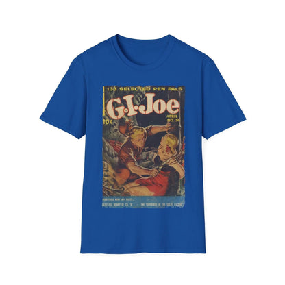 Close-up of the G.I. Joe No.38 softstyle T-shirt's neck seam showing smooth stitching and reinforced ribbed neckline in
