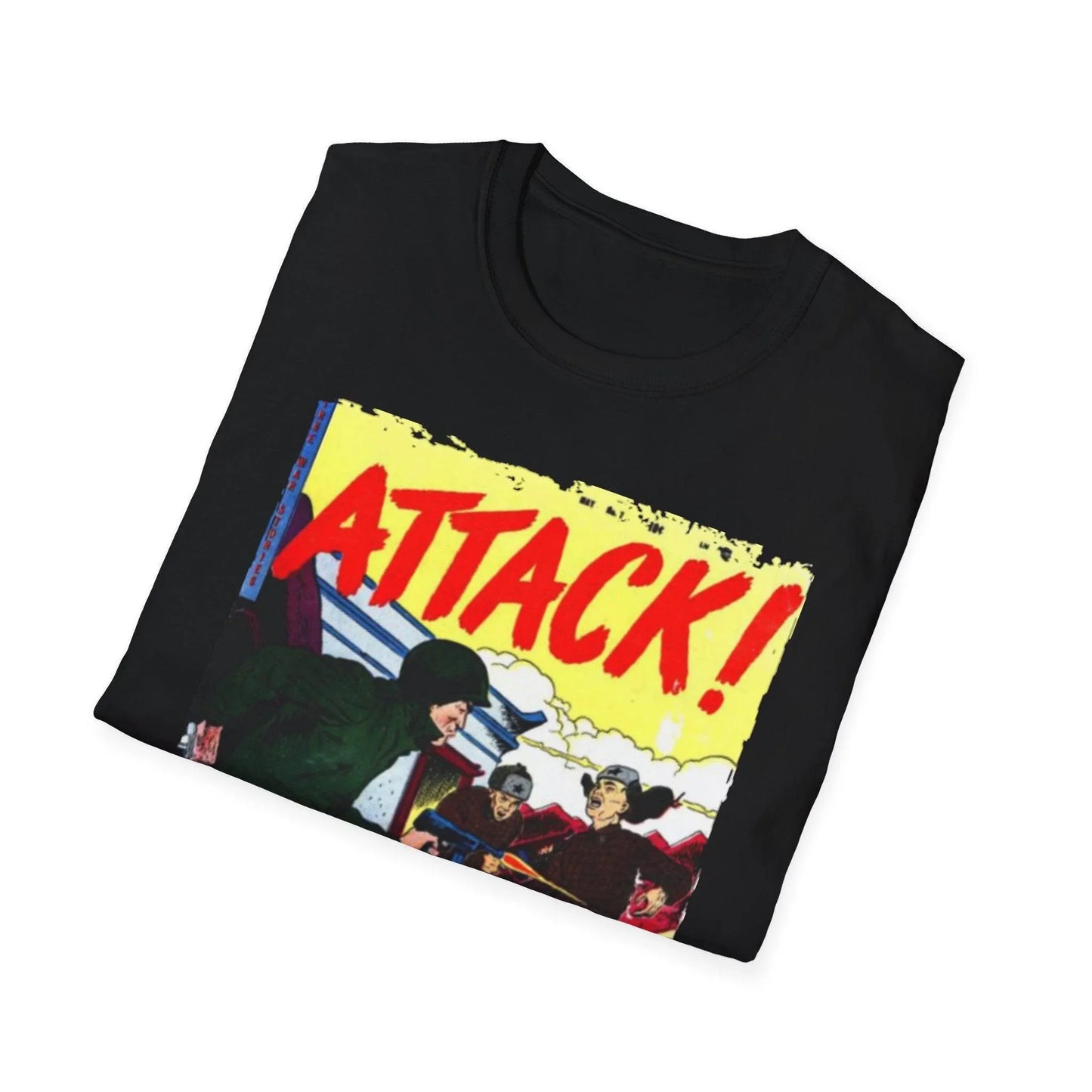 Front neckline detail showing reinforced stitching and soft cotton fabric in vibrant red color of the Attack! No. 7 unisex