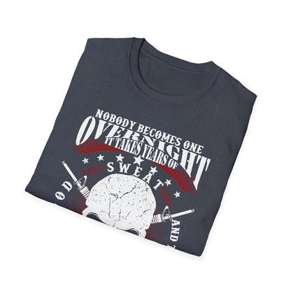 Close-up of the unisex relaxed fit T-shirt collar showing soft cotton fabric and subtle stitching detail in vivid blue color.