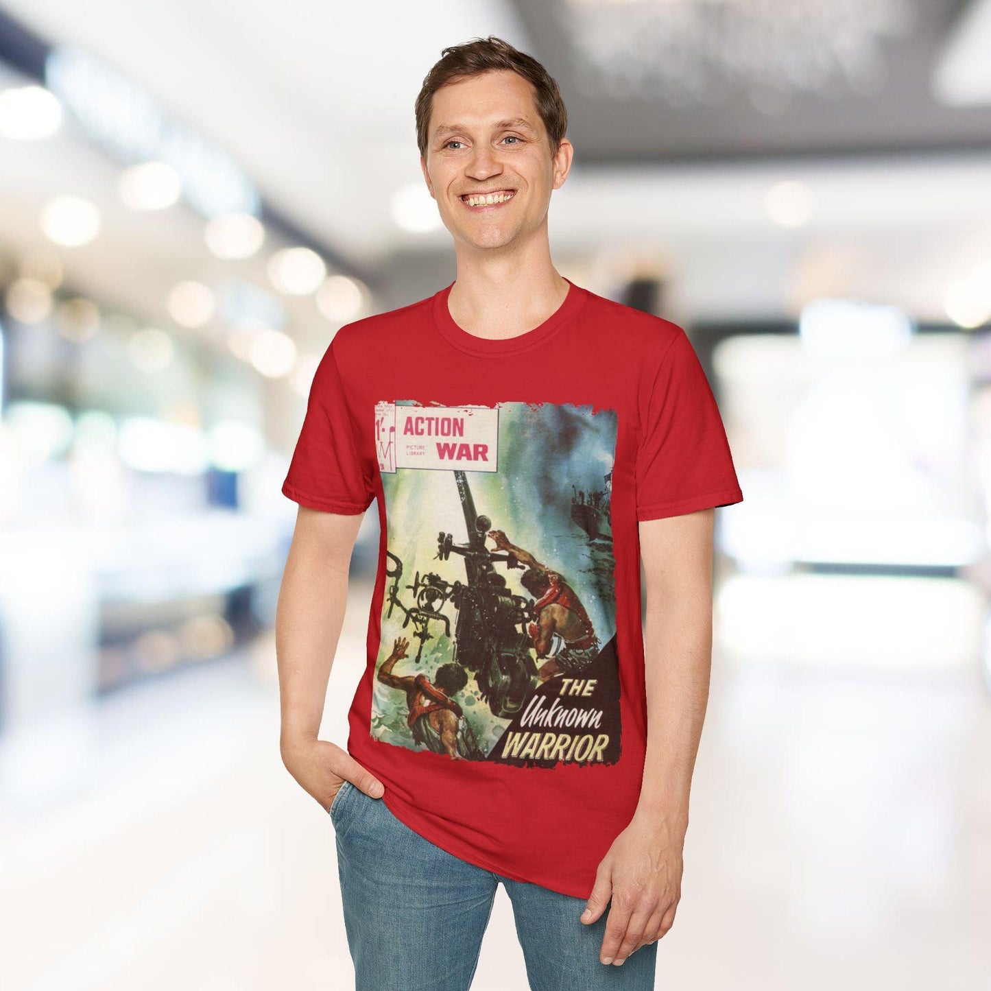 Close-up of the unisex softstyle T-shirt neckline showcasing the smooth ribbed collar and vibrant black fabric from an