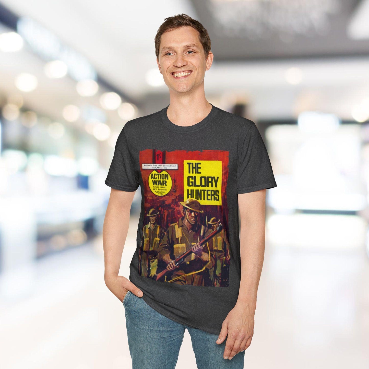 Close-up of the unisex softstyle T-shirt's collar with visible double-needle stitching and relaxed fit drape in vibrant