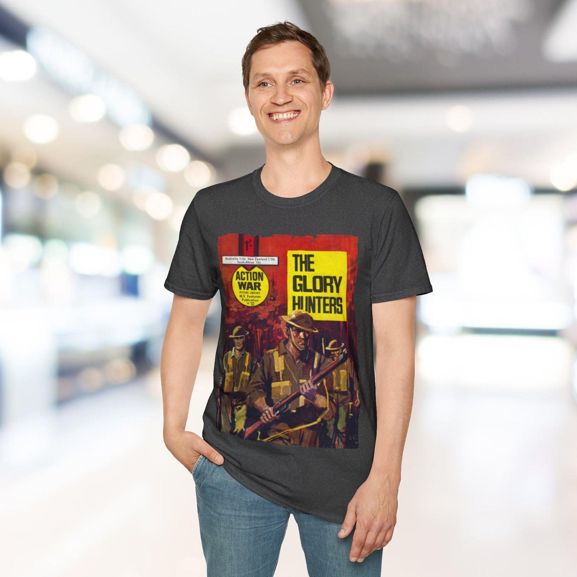 Close-up of the unisex softstyle T-shirt's collar with visible double-needle stitching and relaxed fit drape in vibrant