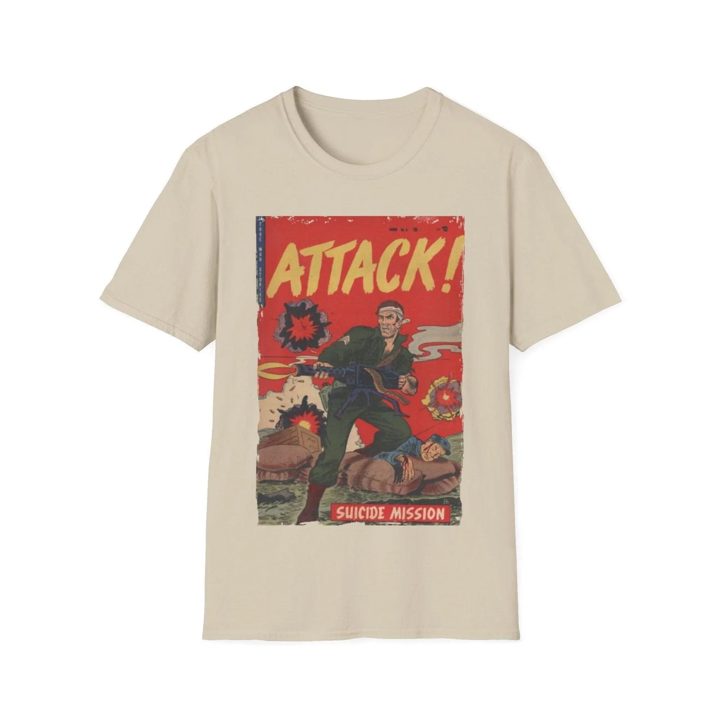 Close-up of the Attack! No. 6 unisex softstyle T-shirt's collar showing reinforced stitching and subtle fabric texture in