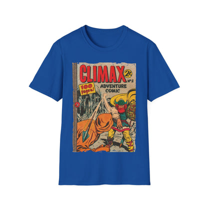 Close-up of the unisex slim fit T-shirt’s neckline showing stitched detail in vibrant royal blue fabric