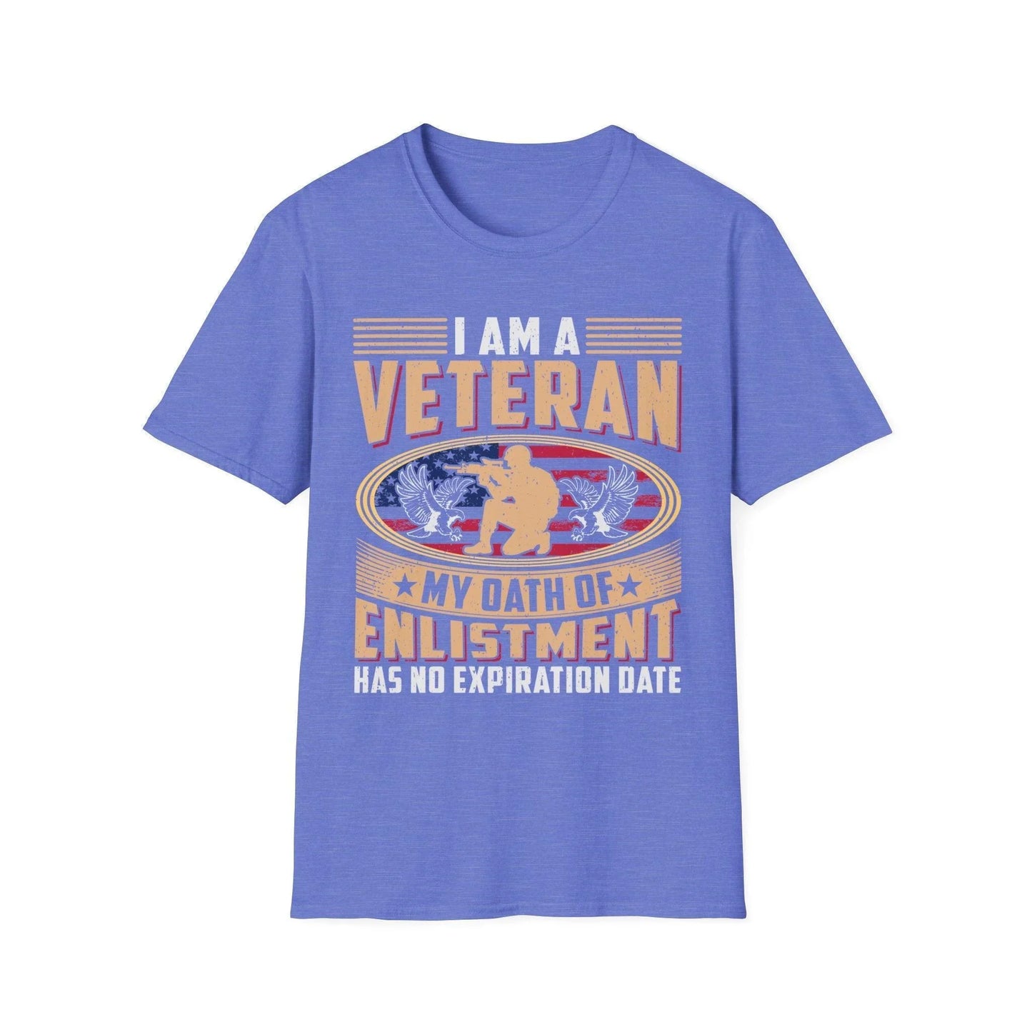 Close-up of the unisex fit label inside the collar showcasing "Enlistment Has No Expiration" text on soft navy fabric with