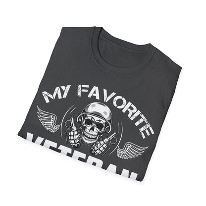 Close-up of the unisex softstyle fabric with subtle heather texture and relaxed fit, showcasing the navy color and