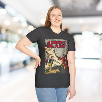 Close-up of the Jeremy Blade unisex softstyle T-shirt’s collar showing smooth ribbed neckline and double-stitched seam