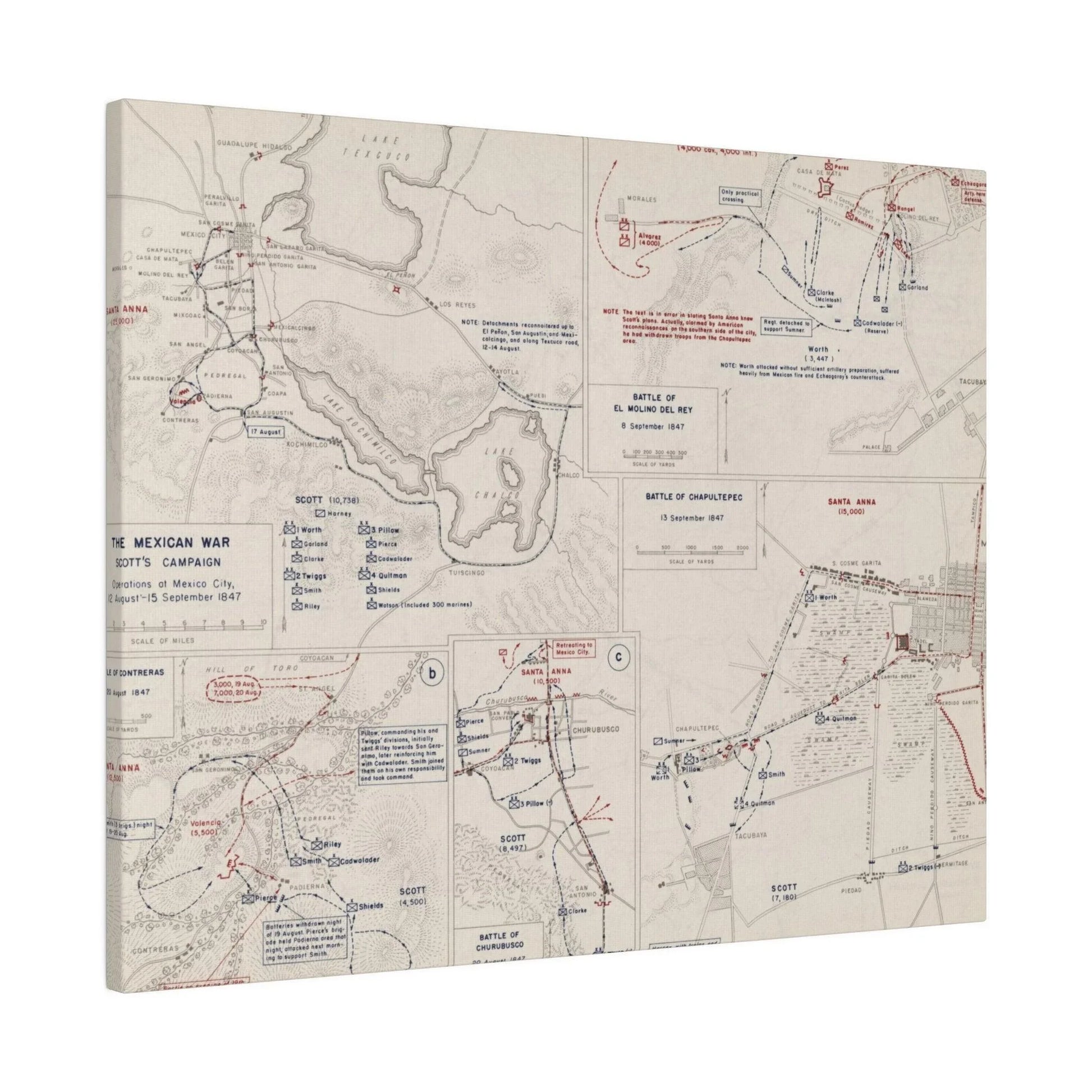 Detail of canvas depicting Scott's 1847 Mexican War campaign with visible brushstroke texture and historical handwriting