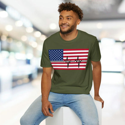 Close-up of the unisex softstyle fabric displaying vibrant red, white, and blue heartbeat design on the chest area with