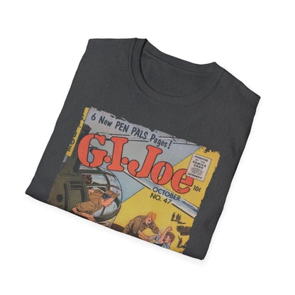 Close-up of the G.I. Joe No.47 unisex softstyle T-shirt's neck tag displaying size and fabric details, shown from a slightly