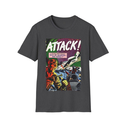 Close-up of the Attack! No. 5 unisex softstyle T-shirt fabric texture highlighting the smooth cotton-polyester blend and