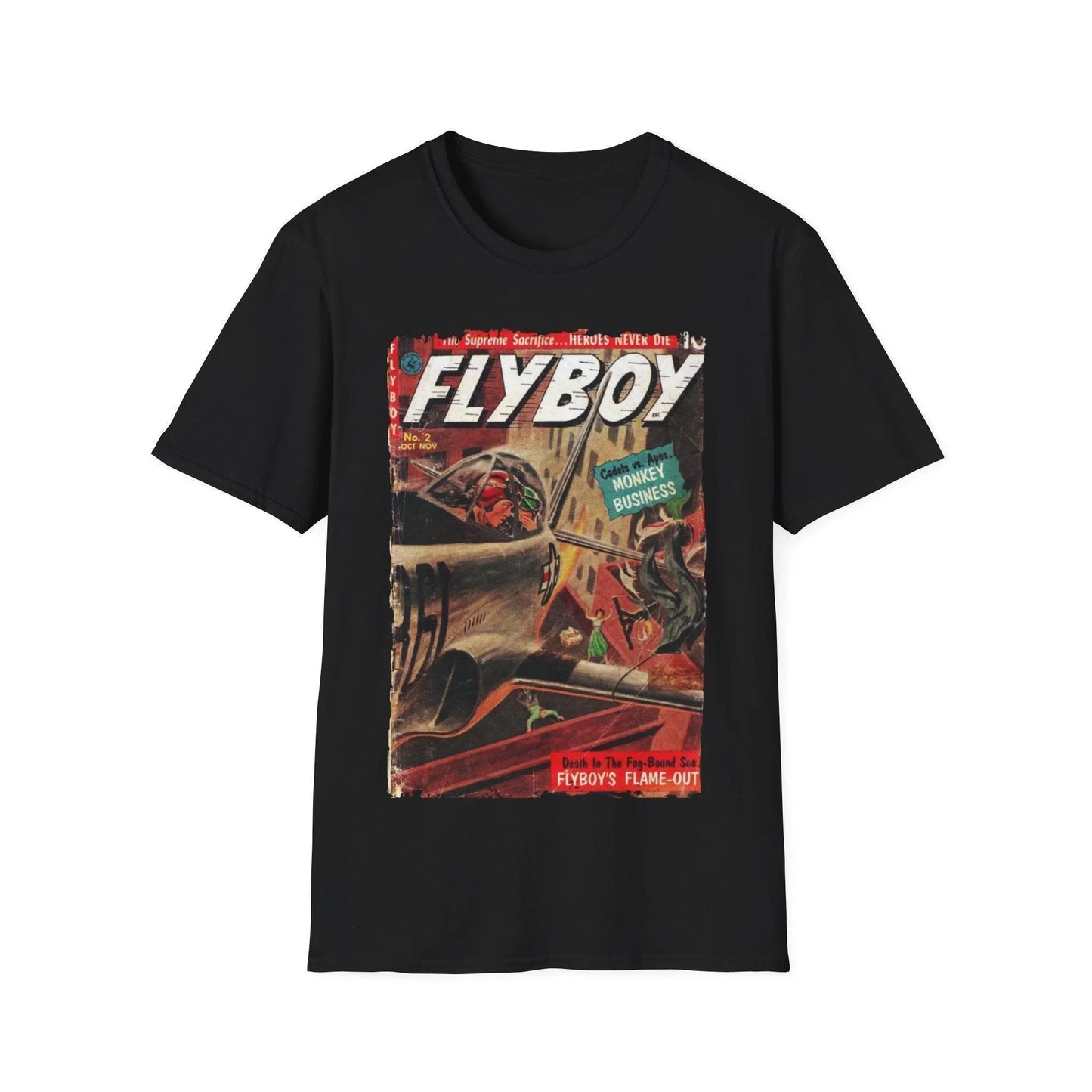 Printify Flyboy No.2 unisex cotton crew neck t-shirt in black, regular fit, softstyle fabric, short sleeves, DTG print