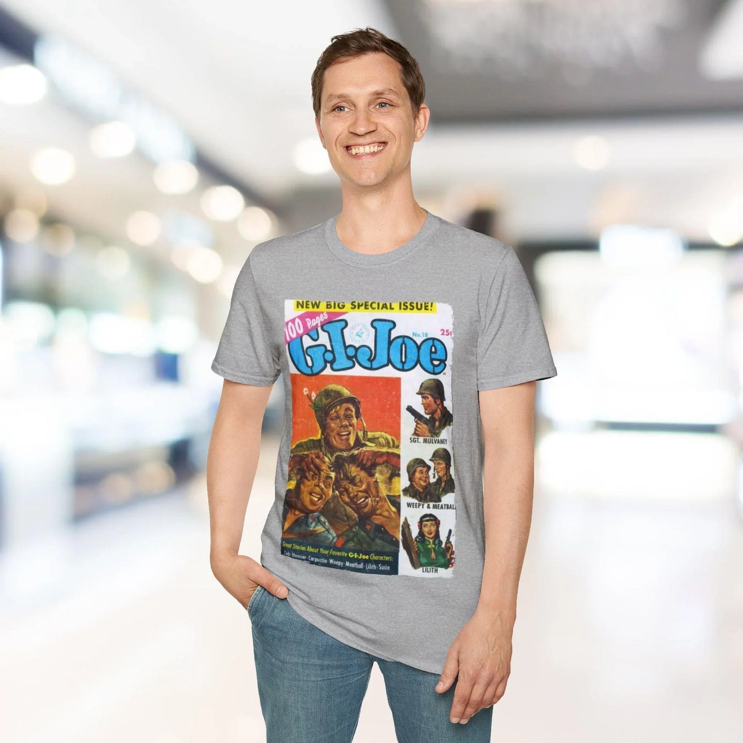 Close-up of the G.I. Joe No.18 softstyle T-shirt’s fabric showing its smooth cotton blend and subtle textural detail from a