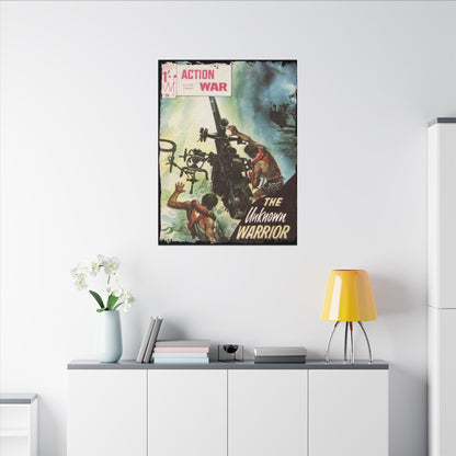 Close-up of the textured canvas surface highlighting the detailed brushstroke patterns and vintage finish on Action War #24