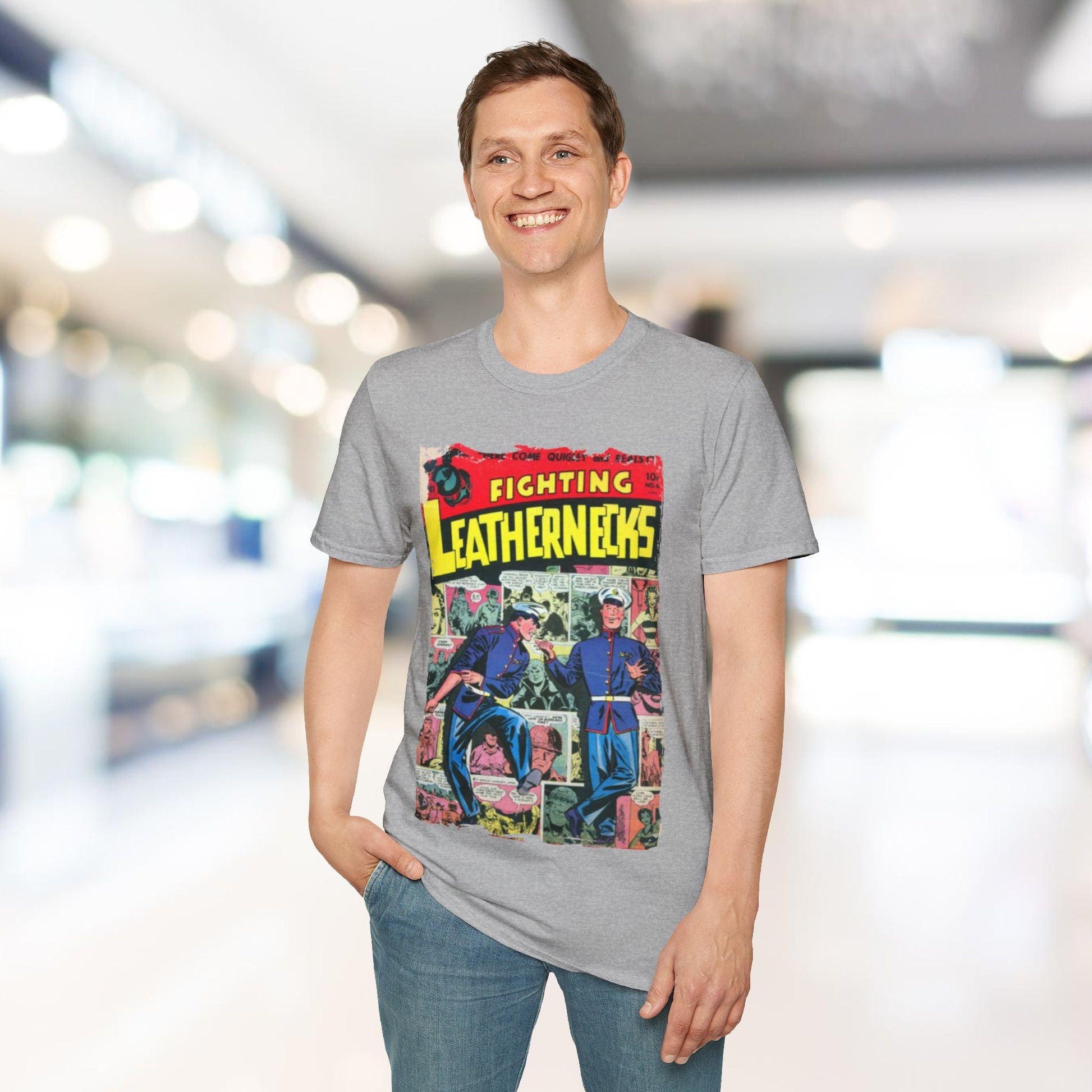 Close-up of the Fighting Leathernecks #6 softstyle T-shirt's inside collar tag and stitching detail on relaxed-fit black