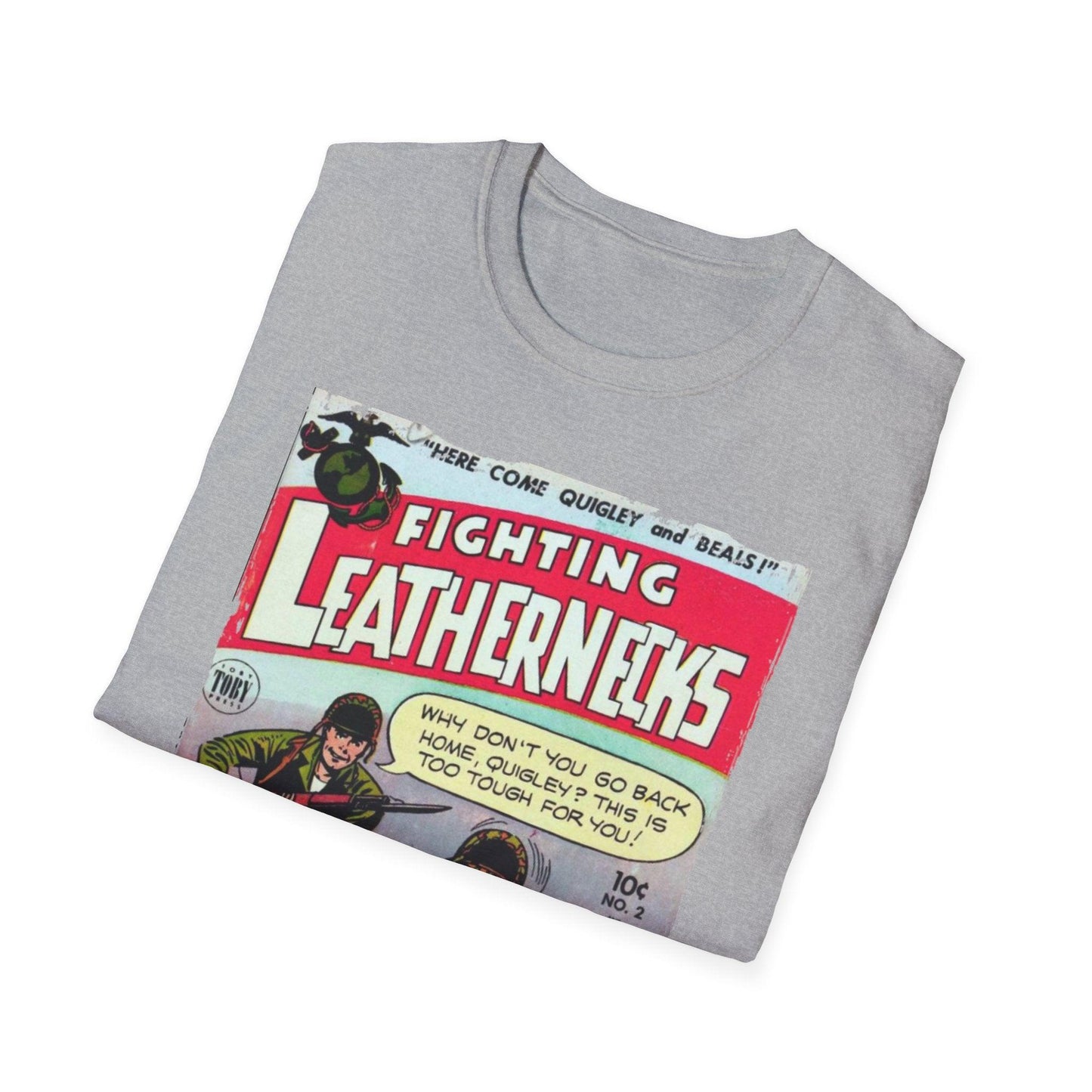 Close-up of the unisex softstyle fabric's subtle heather texture and relaxed fit neckline from a slightly angled perspective.