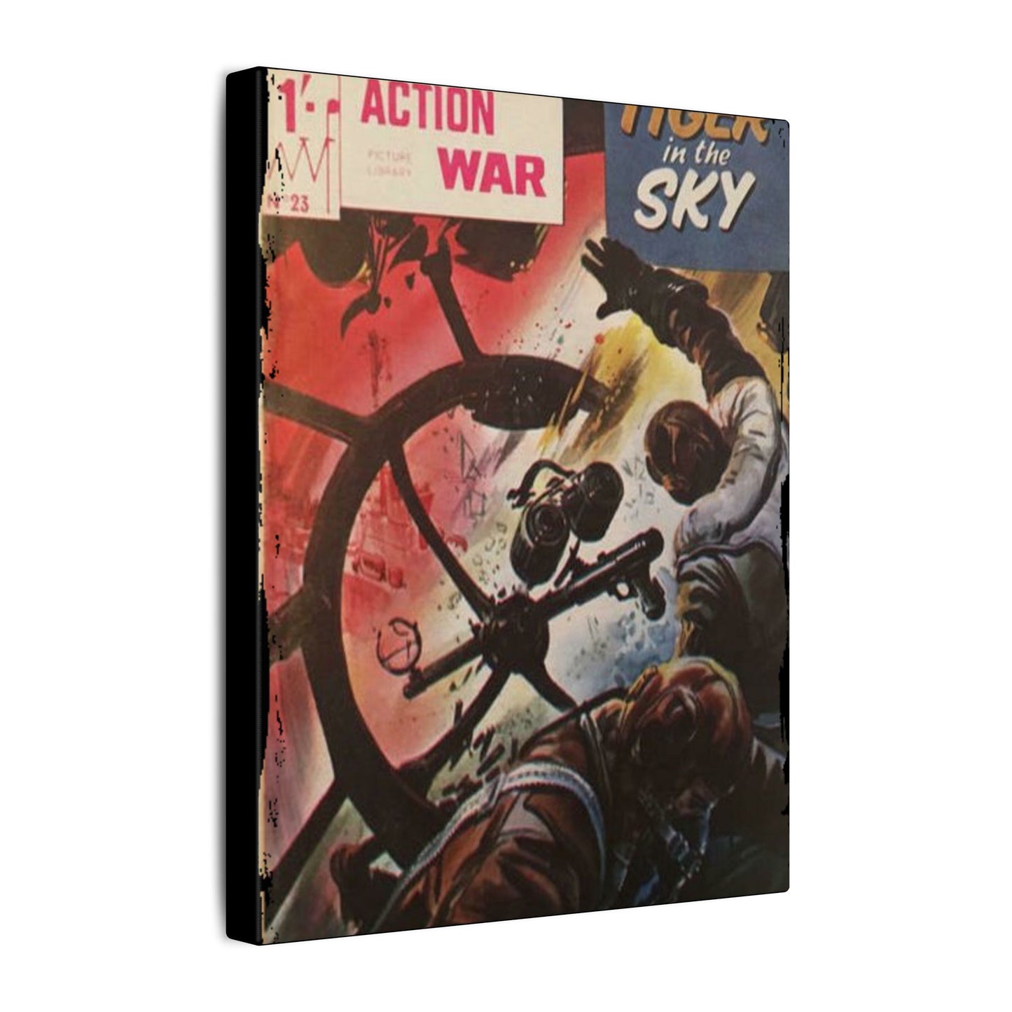 Close-up of the textured canvas material highlighting the vibrant colors and detailed print of Action War #23 comic cover