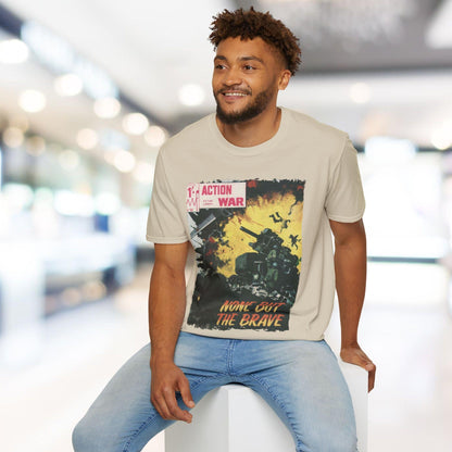 Close-up of the unisex softstyle T-shirt’s neckline featuring reinforced stitching and smooth fabric texture in deep navy