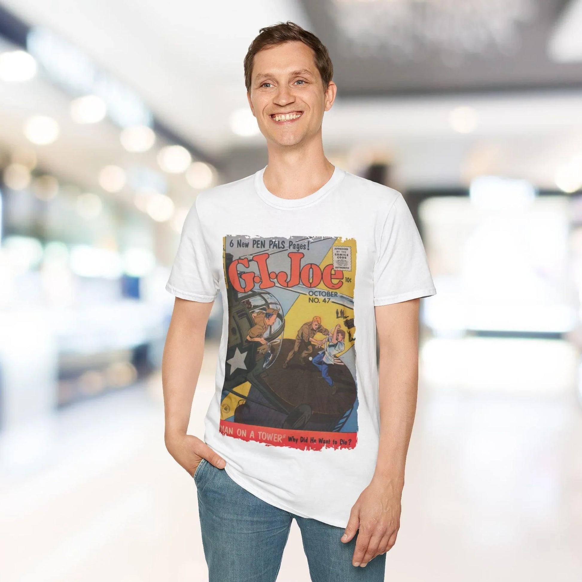 Close-up of the G.I. Joe No.47 softstyle T-shirt’s collar and stitching detail in classic navy color, highlighting the