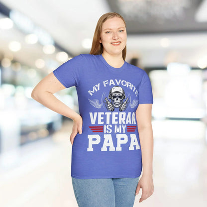 Close-up of the unisex softstyle fabric with visible navy blue color and reinforced collar stitching from a slightly angled