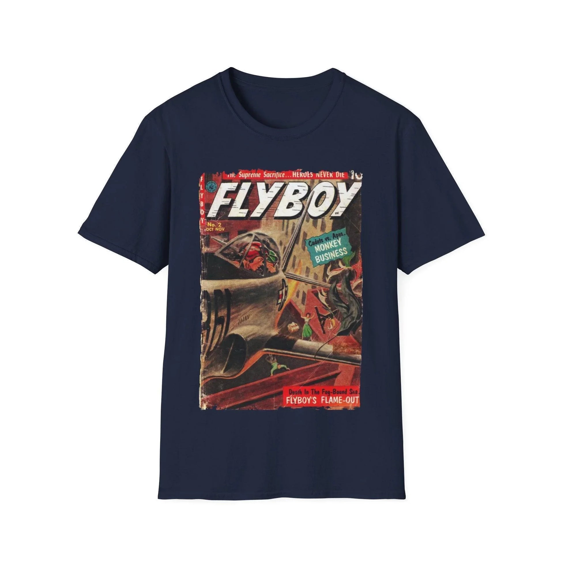 Close-up of the Flyboy No.2 T-shirt's neckband showcasing smooth stitching and lightweight soft cotton fabric in charcoal