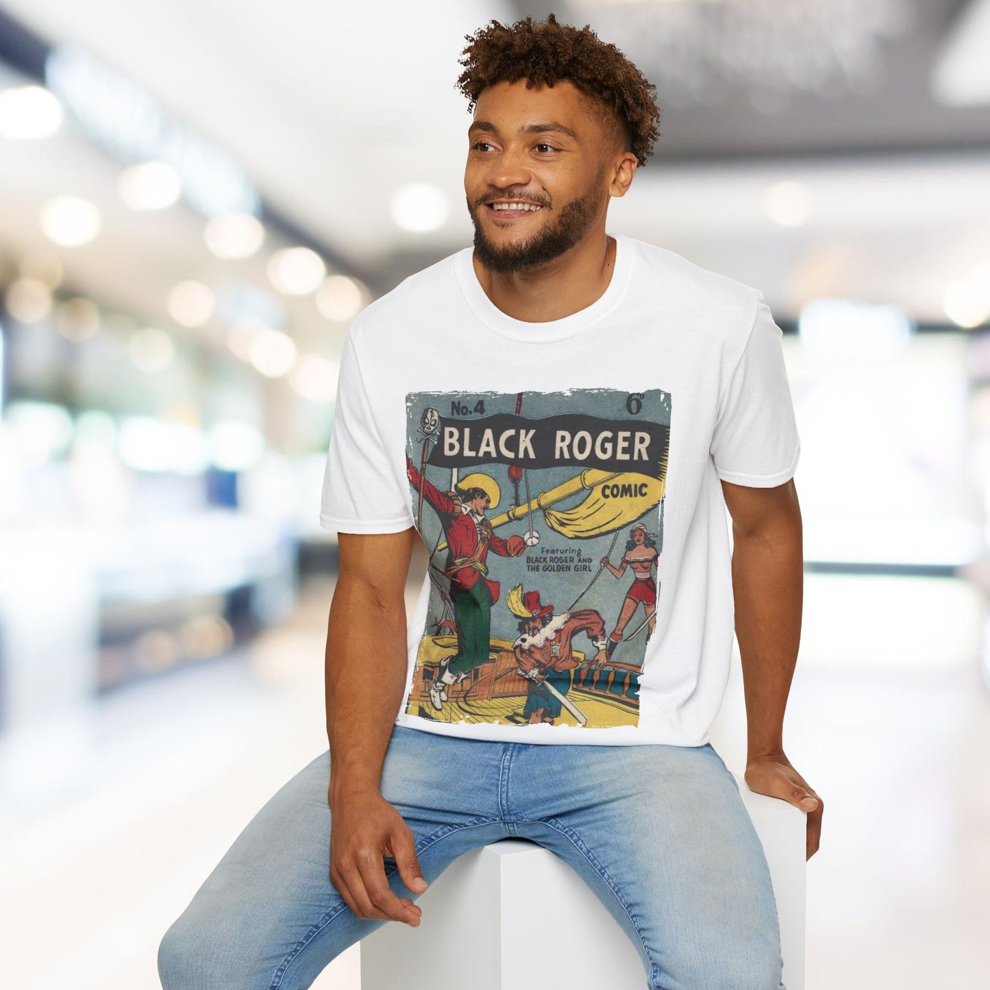 Close-up of black Roger No.4 softstyle fabric texture highlighting smooth, relaxed fit with visible crew neckline and short