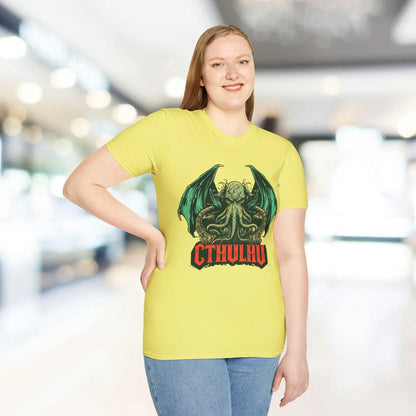 Close-up of the Cthulhu graphic on the chest area, highlighting intricate line art and vibrant teal ink on the relaxed-fit