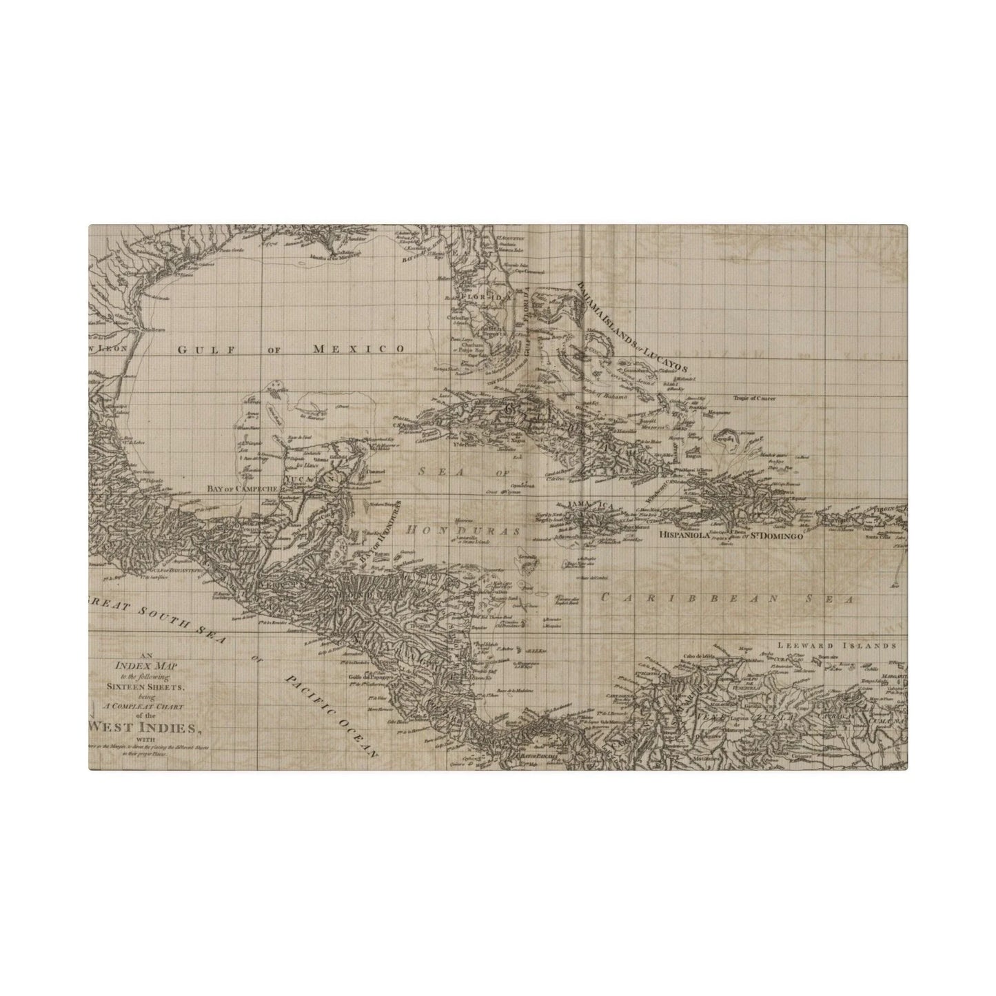 Close-up of the detailed map textures and vibrant color shading highlighting the Caribbean islands on the canvas chart.