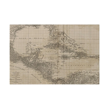 Close-up of the detailed map textures and vibrant color shading highlighting the Caribbean islands on the canvas chart.