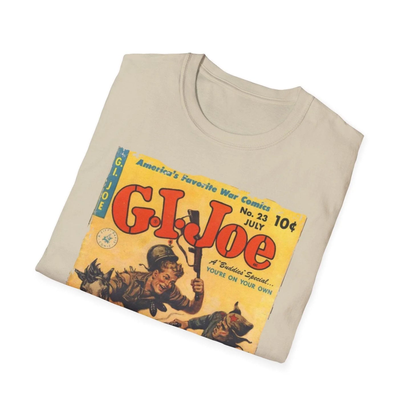 Close-up of the G.I. Joe No.23 softstyle T-shirt's collar reinforcing stitching and subtle fabric texture detail.