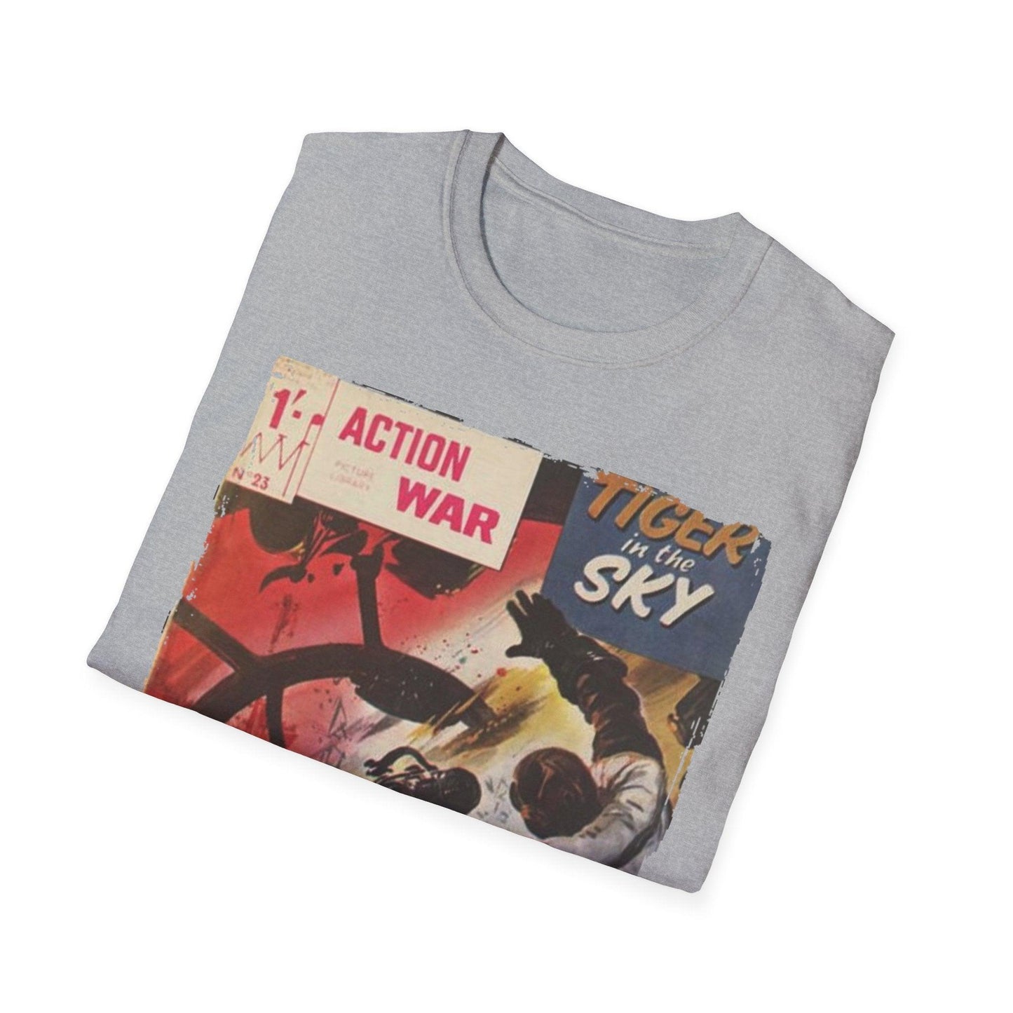 Close-up of the unisex softstyle T-shirt fabric showing smooth, relaxed fit, and subtle heather pattern in deep navy at a