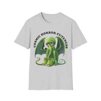 Front close-up highlighting cosmic horror-themed graphic on soft black cotton fabric with relaxed fit and crew neckline.