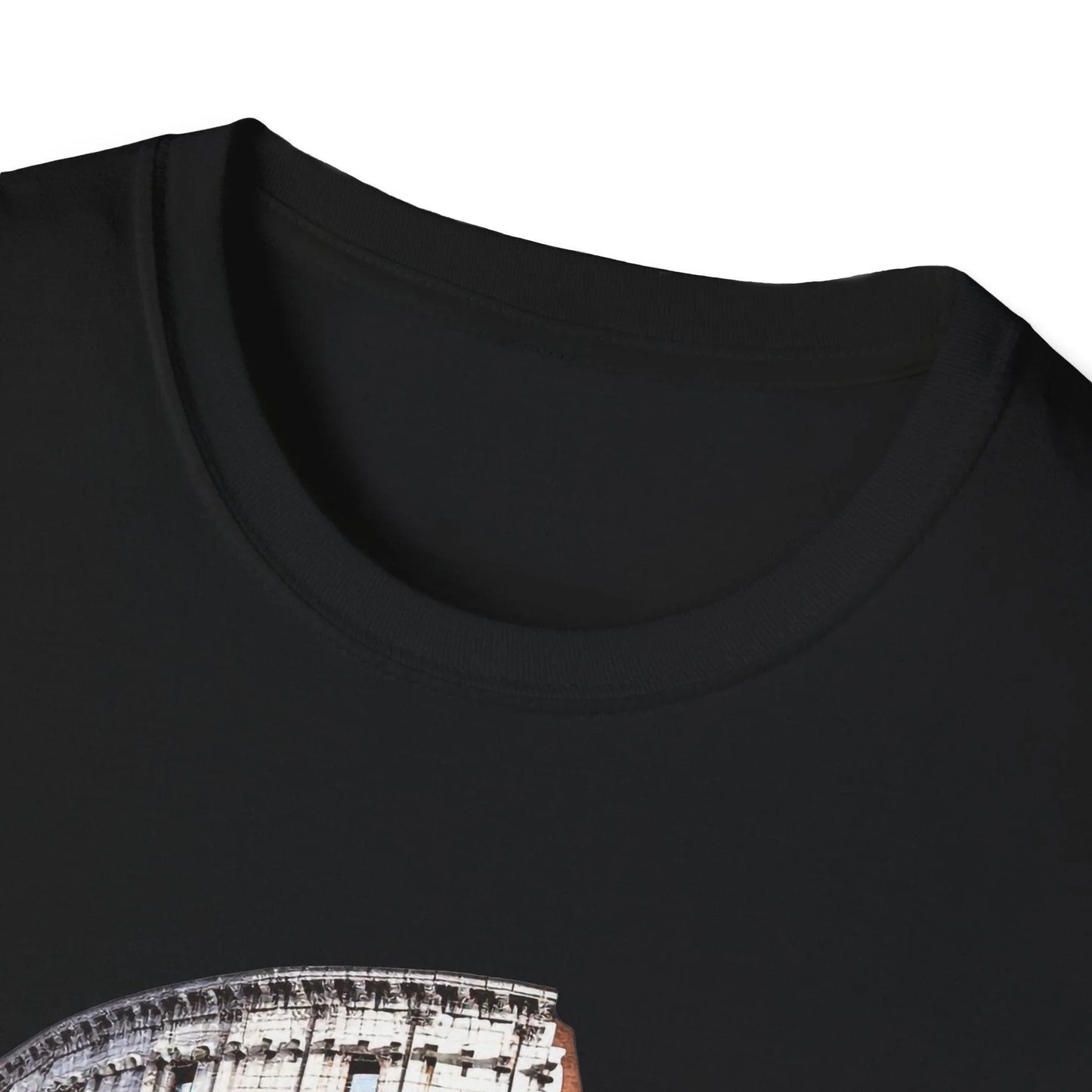 Close-up of the unisex softstyle T-shirt's fabric showing subtle heather texture and relaxed fit drape in deep navy color.