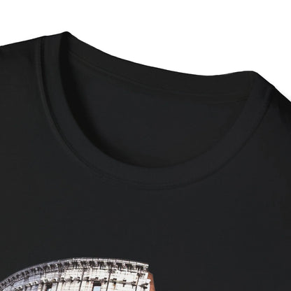 Close-up of the unisex softstyle T-shirt's fabric showing subtle heather texture and relaxed fit drape in deep navy color.