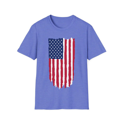 Close-up of the distressed American flag pattern on soft, relaxed-fit cotton T-shirt showing vibrant colors and frayed edges