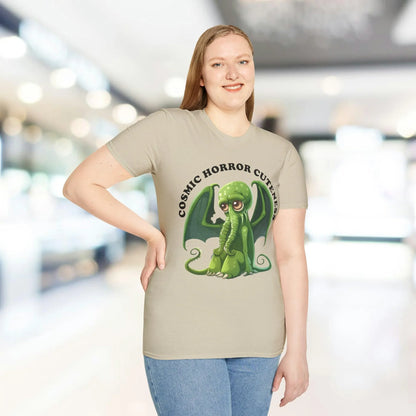 Close-up of the Cosmic Horror Cuteness T-Shirt fabric detail highlighting soft cotton blend, relaxed fit, and vibrant