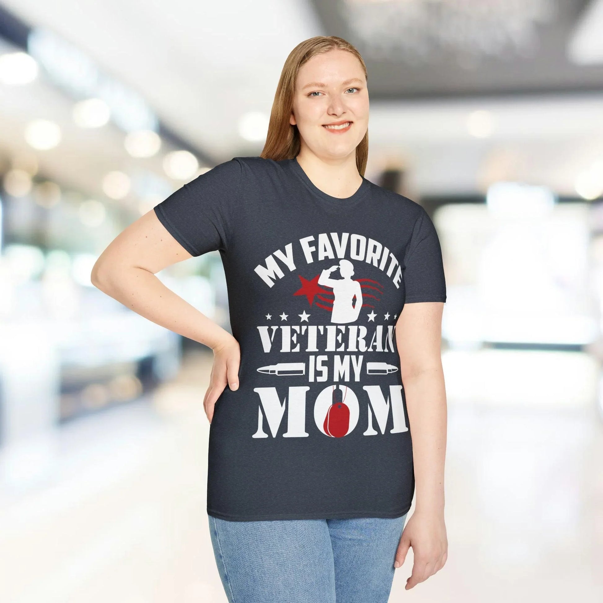 Close-up of the cotton fabric's soft texture and vibrant navy blue color on the Favorite Veteran Mom T-Shirt’s neckline