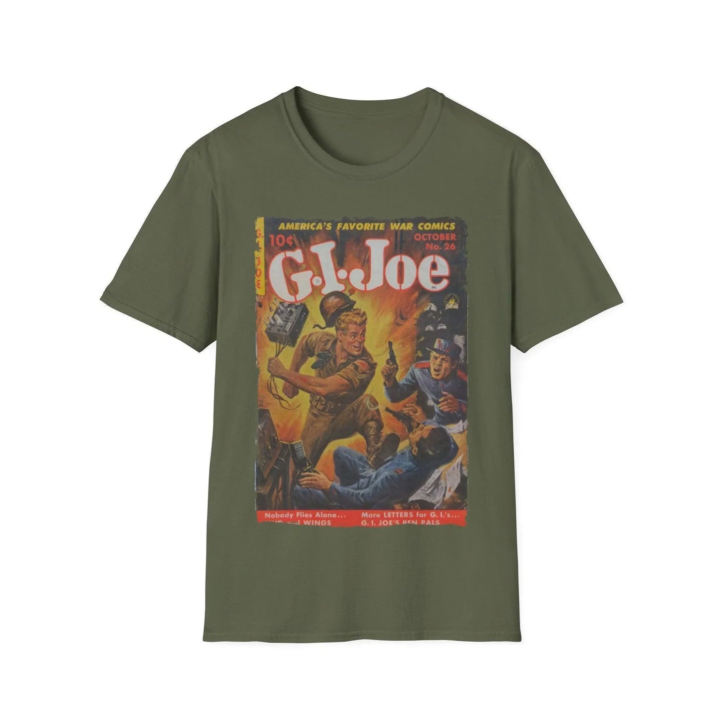 Close-up of the G.I. Joe No.26 softstyle T-shirt’s vibrant graphic print on the chest with a textured cotton fabric