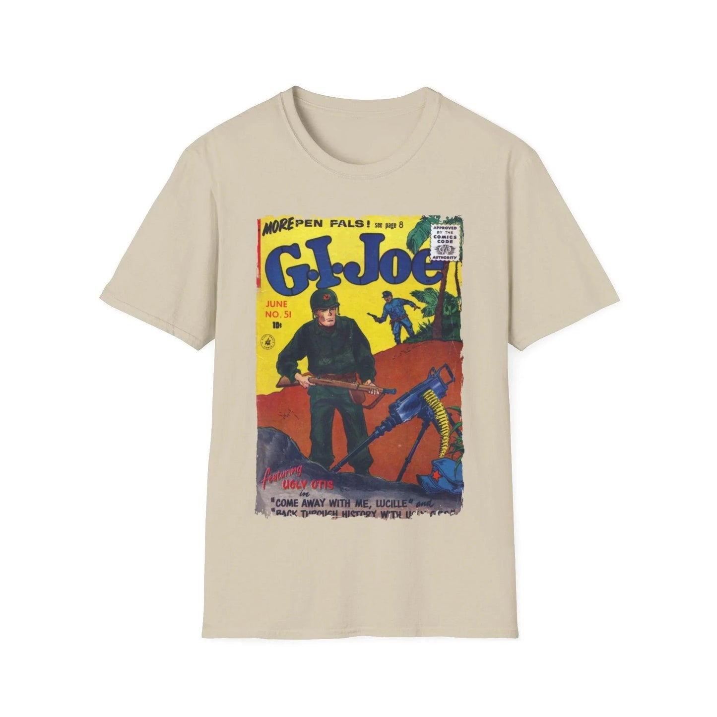 Close-up of the G.I. Joe No.51 unisex softstyle T-shirt’s embroidered logo on the chest pocket, showcasing detailed