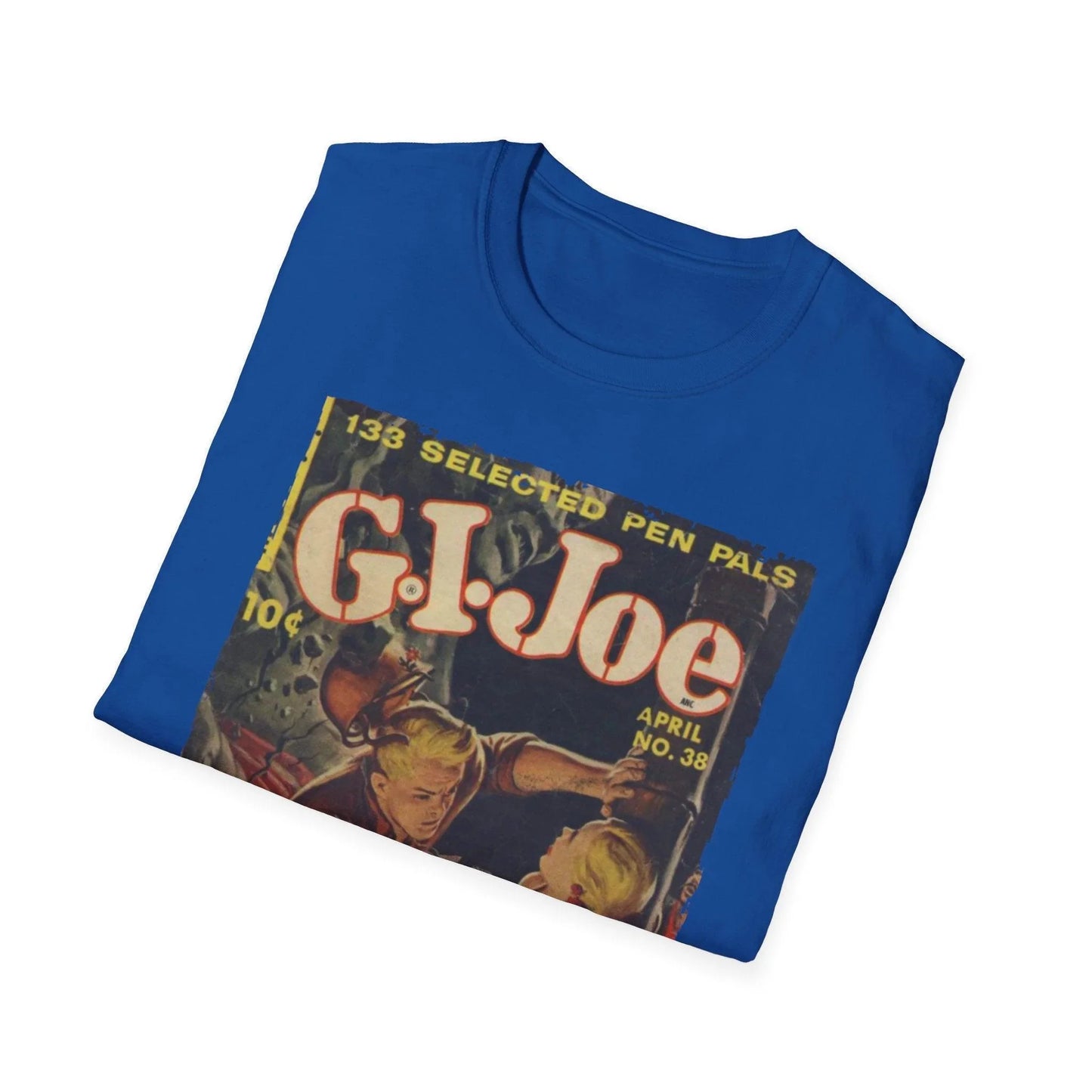 Close-up of the G.I. Joe No.38 softstyle T-shirt's short sleeve hem in heather gray fabric with reinforced stitching and