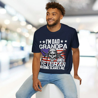 Close-up of the navy softstyle fabric displaying subtle heather texture and reinforced crew neckline stitching detail