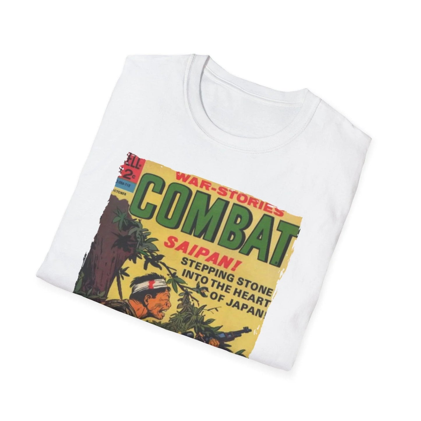 Close-up of the soft 100% cotton fabric featuring vibrant combat print details on the chest, highlighting the relaxed fit