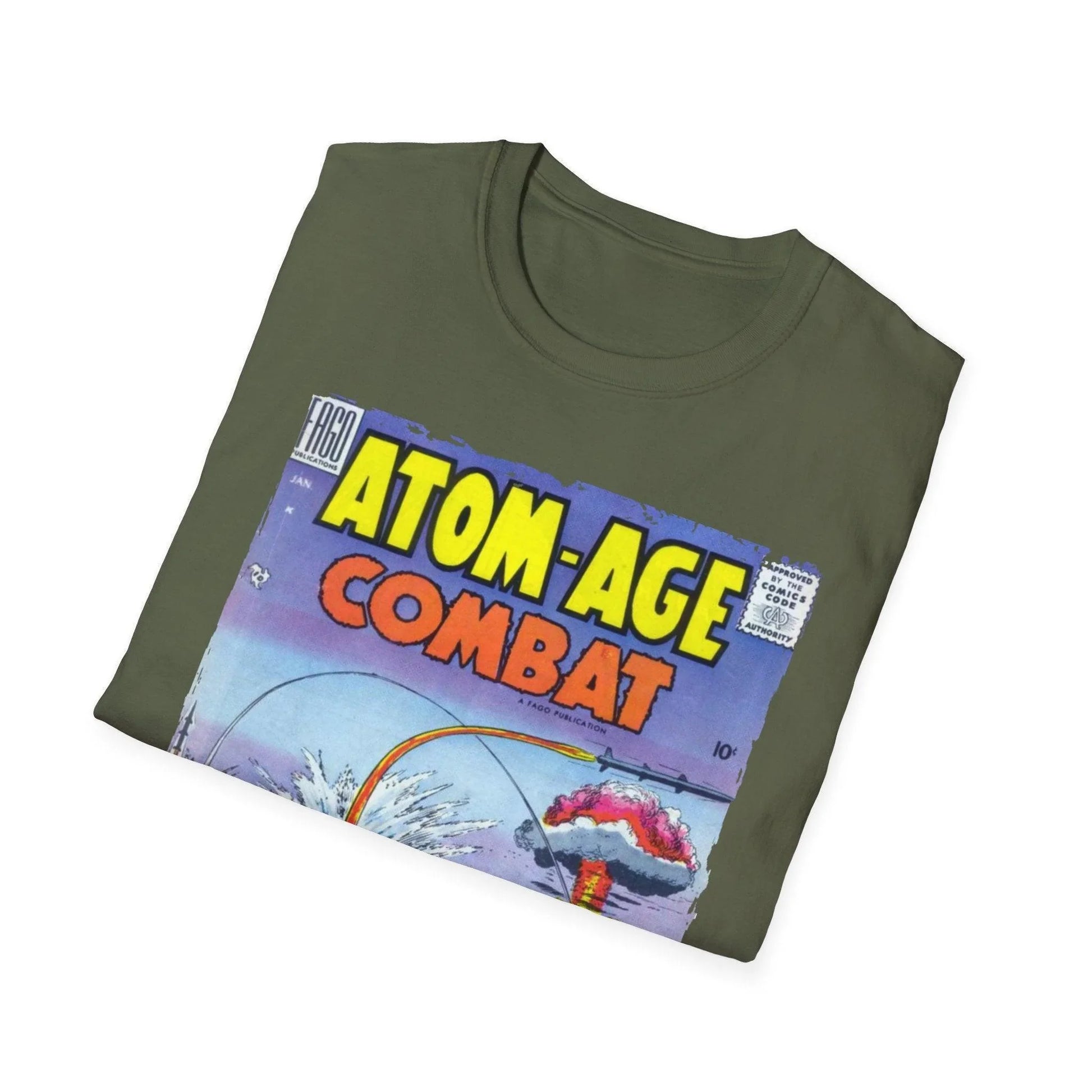 Close-up of the Atom-Age Combat No.2 unisex softstyle T-shirt's smooth cotton fabric showing subtle heather grey texture and