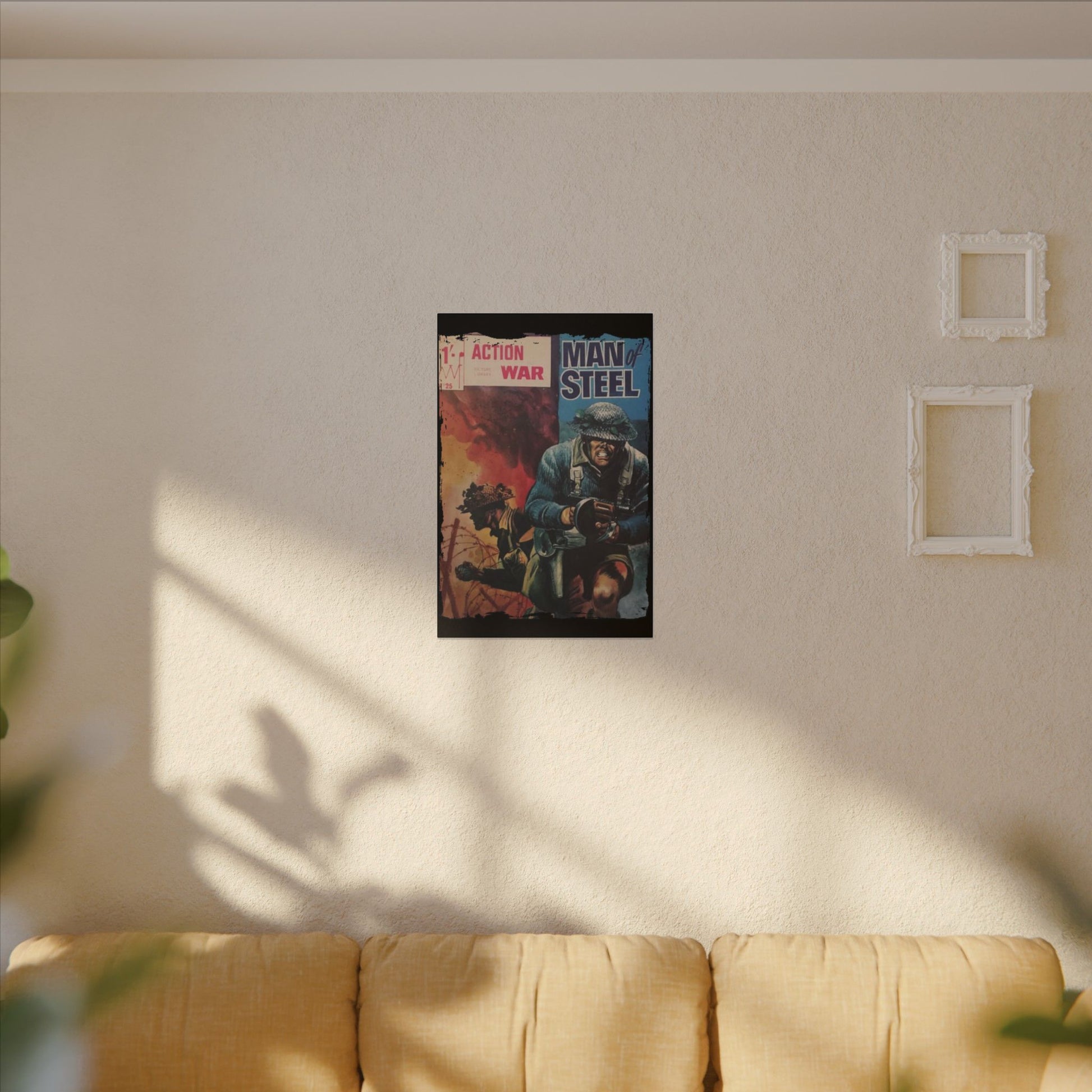 Close-up of the vibrant comic book cover featuring bold orange and black artwork with textured matte finish, angled to