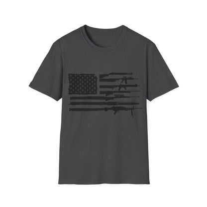 Close-up of the black-and-white American flag graphic on the relaxed fit, crew neck white cotton T-shirt featuring bold