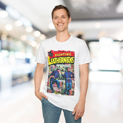 Close-up of the unisex softstyle fabric with visible stitching and relaxed fit neckline in navy blue from the back angle.