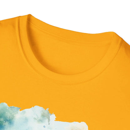 Close-up of the black unisex softstyle T-shirt's neckline and shoulder stitching detail from a slightly elevated angle.