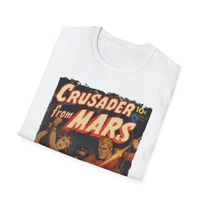 Close-up of the Crusader from Mars 2 T-shirt fabric texture showcasing soft, heathered gray material and relaxed fit