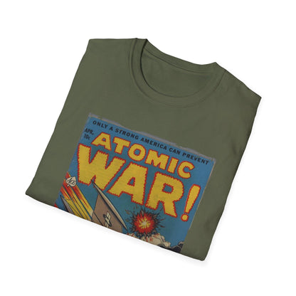 Close-up of the Atomic War! No 4 unisex softstyle T-shirt fabric, showcasing smooth black cotton and reinforced stitching at